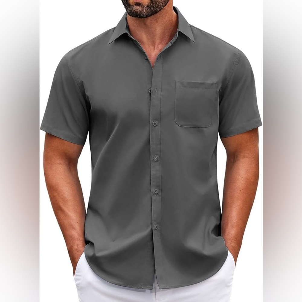 COOFANDY Men's Short Sleeve Button Down Shirt | Dark Gray | M